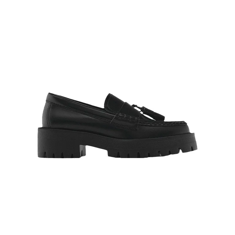 

Withered Minimalist Woman Shoes British Black Tassel Embellished Sponge Sole With Raised Sole Slip On Loafers Leather Shoes