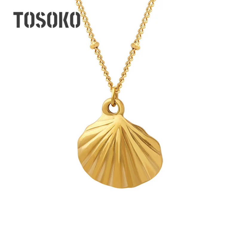 TOSOKO Stainless Steel Shell Pendant Necklace Earrings Women\'s Fashion Clavicle Chain Stud Earring Set Jewelry BSP948