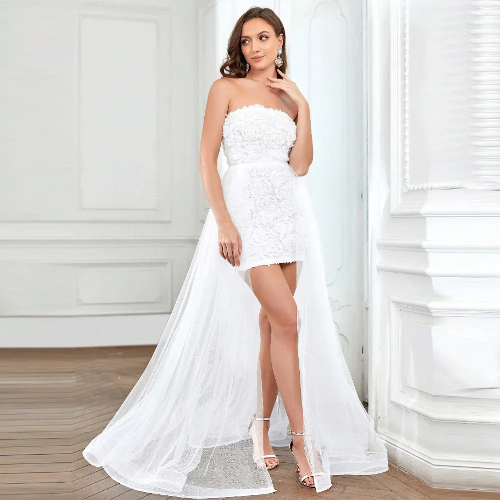 Women Strapless 3D Floral Lace Mini Dress with Detachable Tulle Train White Bridal Reception Dress Customized