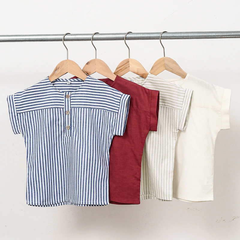 Children\'s Cotton Linen Striped Short-Sleeved T-Shirt Summer New Boys And Girls Round Neck Buttons Daily Casual Tops