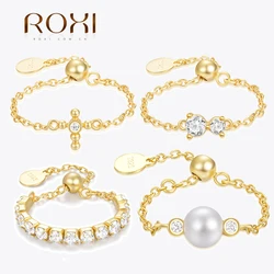 ROXI 925 Sterling Silver Luxury Zircon Pearl Adjustable Chain Ring For Women Men Single Row Zircon Wedding Party Ring Jewelry