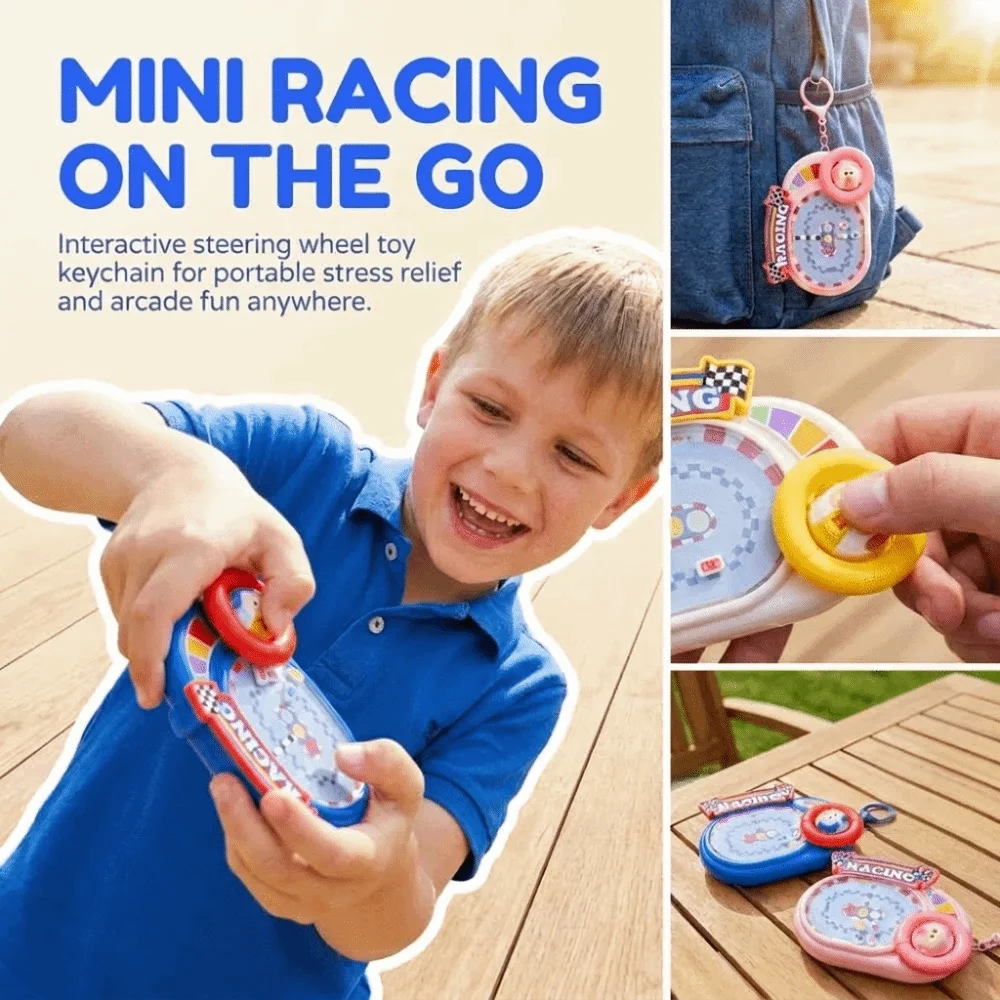 Portable Racing Game Keychain Magnetic Mini Handheld Track Car Fidget Keyring Plastic Cute Cartoon Decompression Game Pendant