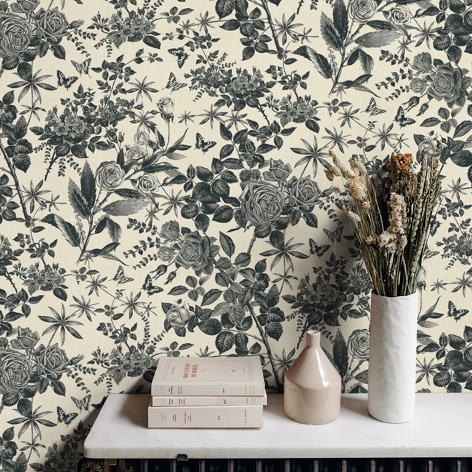 Retro Black Floral PVC Home Wall Decoration Vintage Peel And Stick Flower Wallpaper Kitchen Vinyl Cabinet Sticker