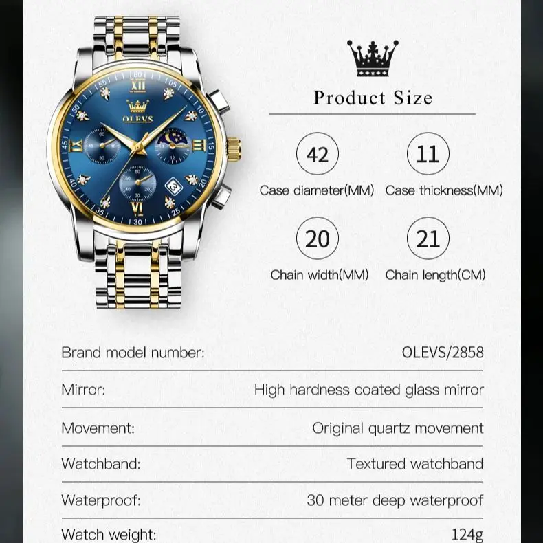 OLEVS 2858 Monn Phase Men's Watches Calendar Luminous Diamond Scale High Quality Stainless steel TOP Luxury Quartz Watch for Men