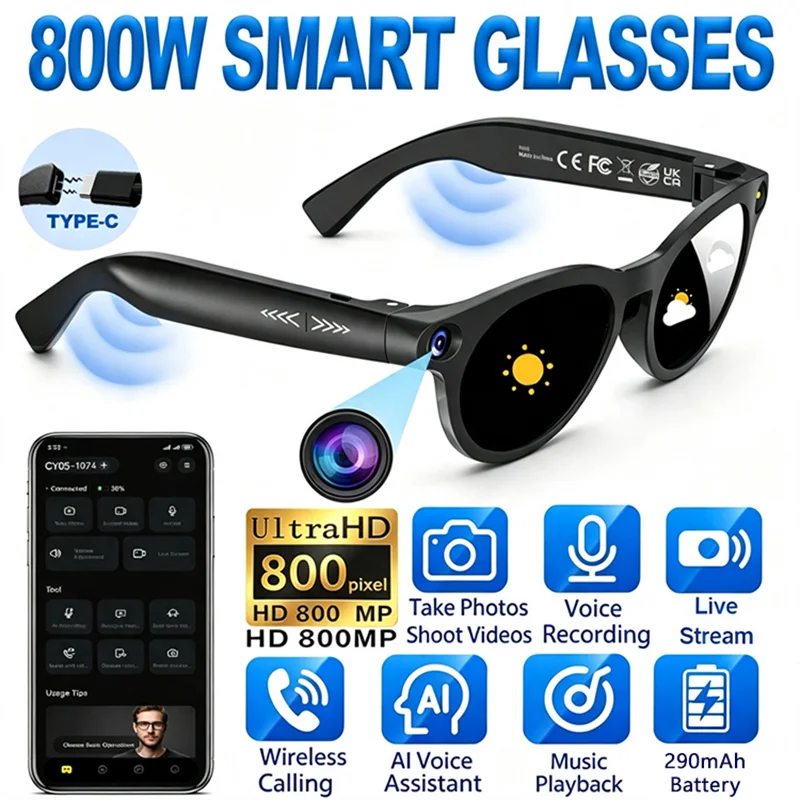 Lunettes Intelligentes à Vision Avancée avec Traduction IA, Caméra 800W, Enregistrement Vidéo, Connexion Bluetooth, Lunettes de Moto