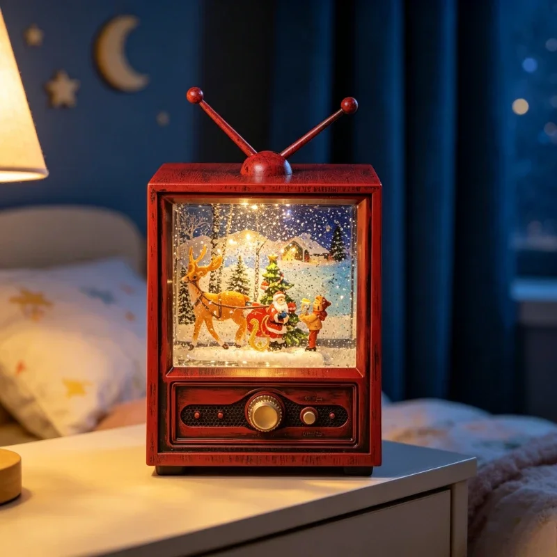 Christmas TV-Shape Music Box, Snow Globe Night Light with Auto-Snowfall, Festive Atmosphere Decor Ornament for Home & Party