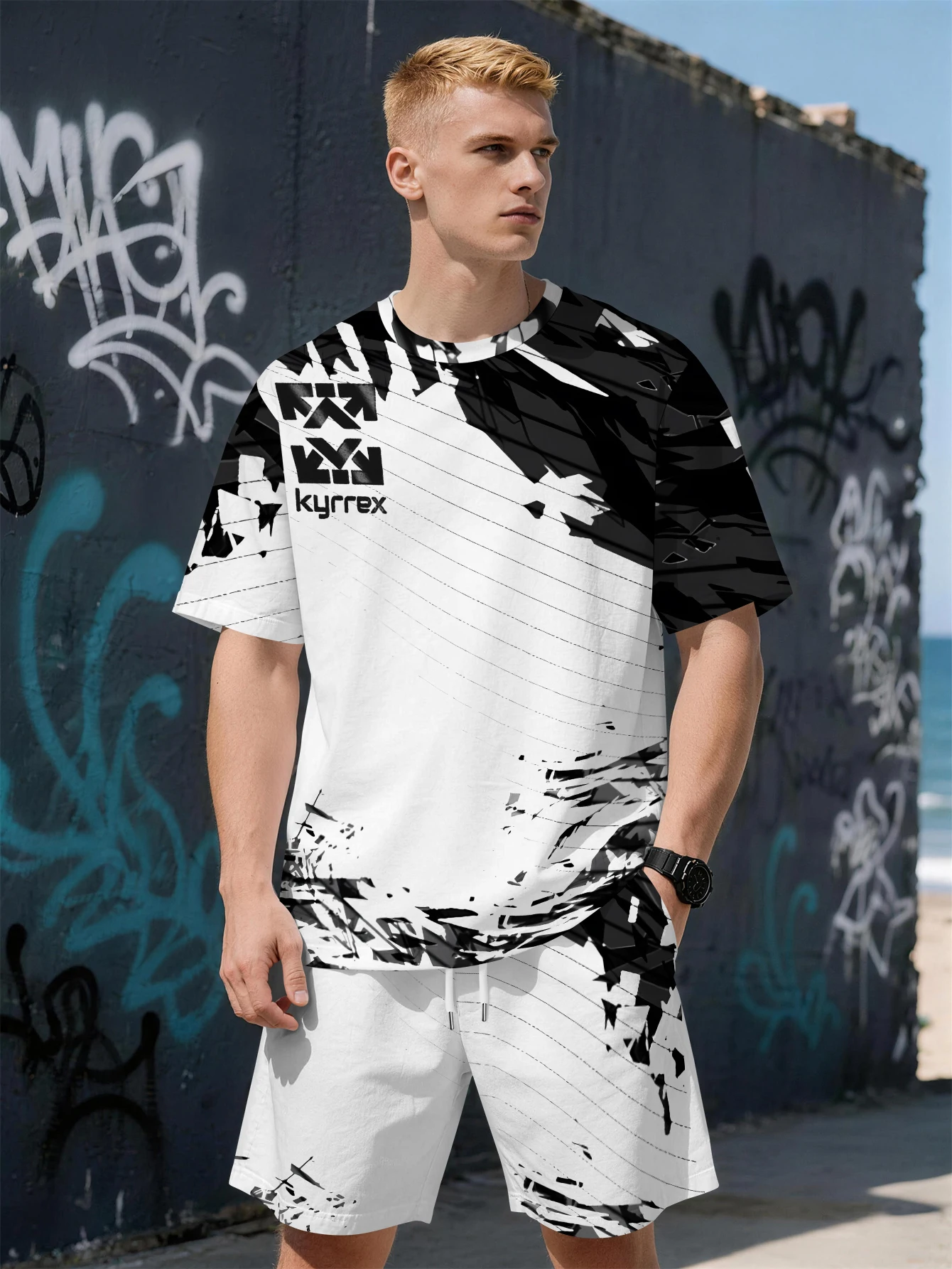 

2026 Summer New Men's Short-Sleeved Set with 3D Sports Letter Print Fashionable Street Style Comfortable Lightweight Soft