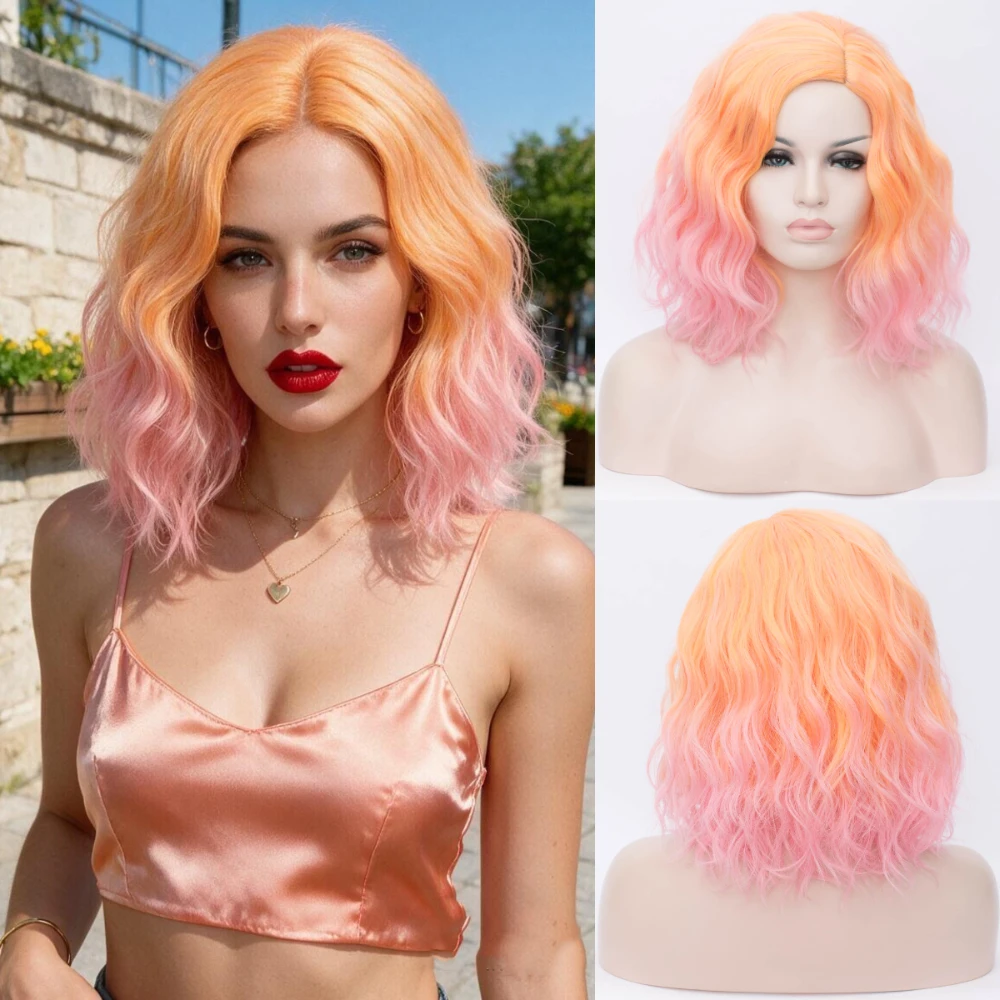 VICWIG Woman Two Tone Short Synthetic Wigs Gradient White Blue Wavy Ombre Hair Wig for White Women Cosplay Bob Middle Part Line