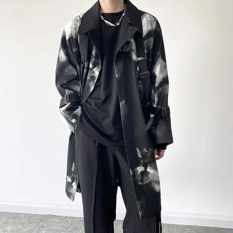 

Autumn Winter Men's Loose Fit Long Coat k Sle Ink Dyeing Design Faionable Windbreaker Youth Trend Cotton Polyester