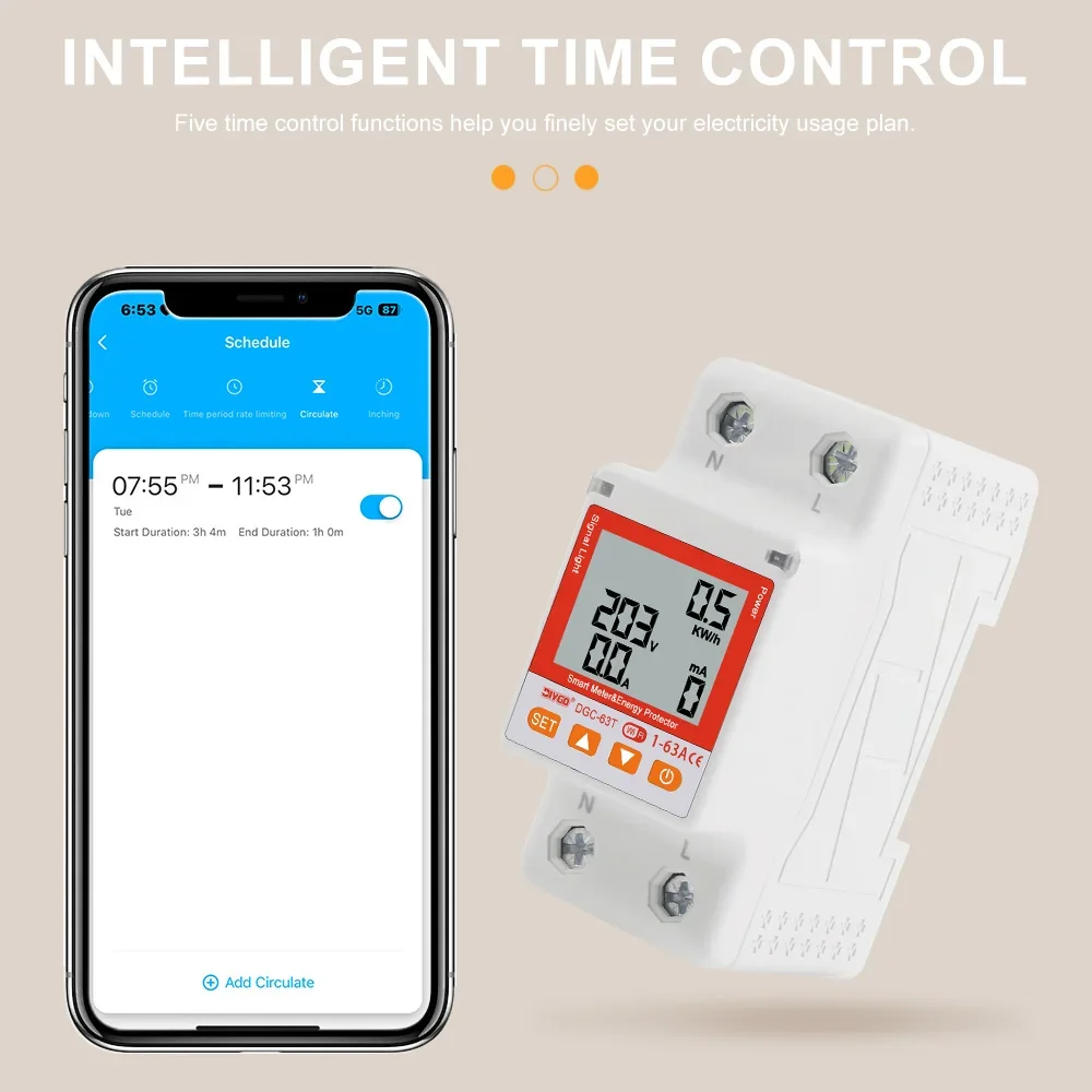 DIYGO Tuya WiFi Smart Leitungsschutzschalter 63A Energiemesser mit Spannungs-, Strom- und Leckageschutz, Timer-Relais-Schalter, Fernsteuerung – Detail 7