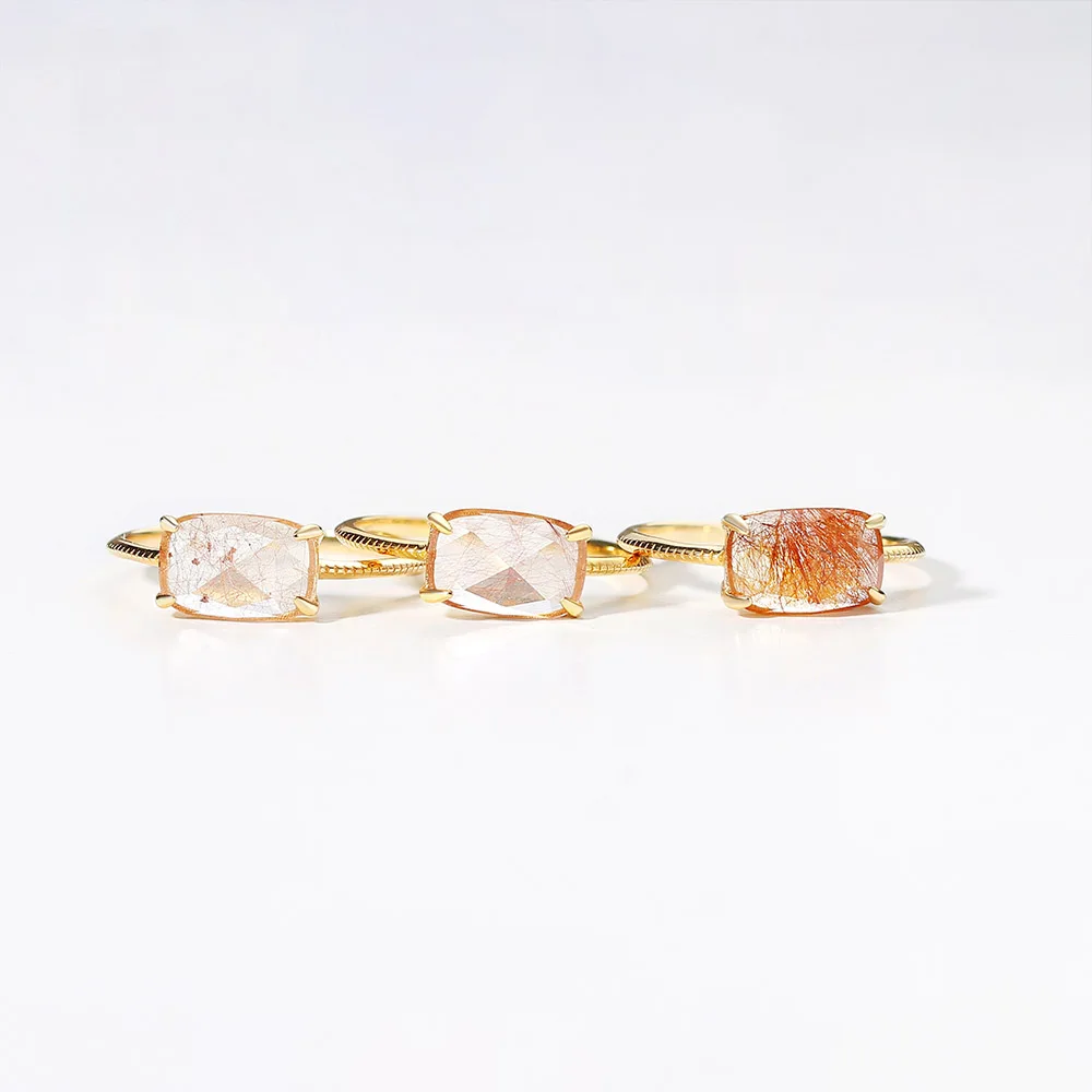 LAMOON Natural Rutilated Quartz Ring For Women Gemstone Rings 925 Silver 14K Light Gold Plated Fine Jewelry Simple Style LMRI155