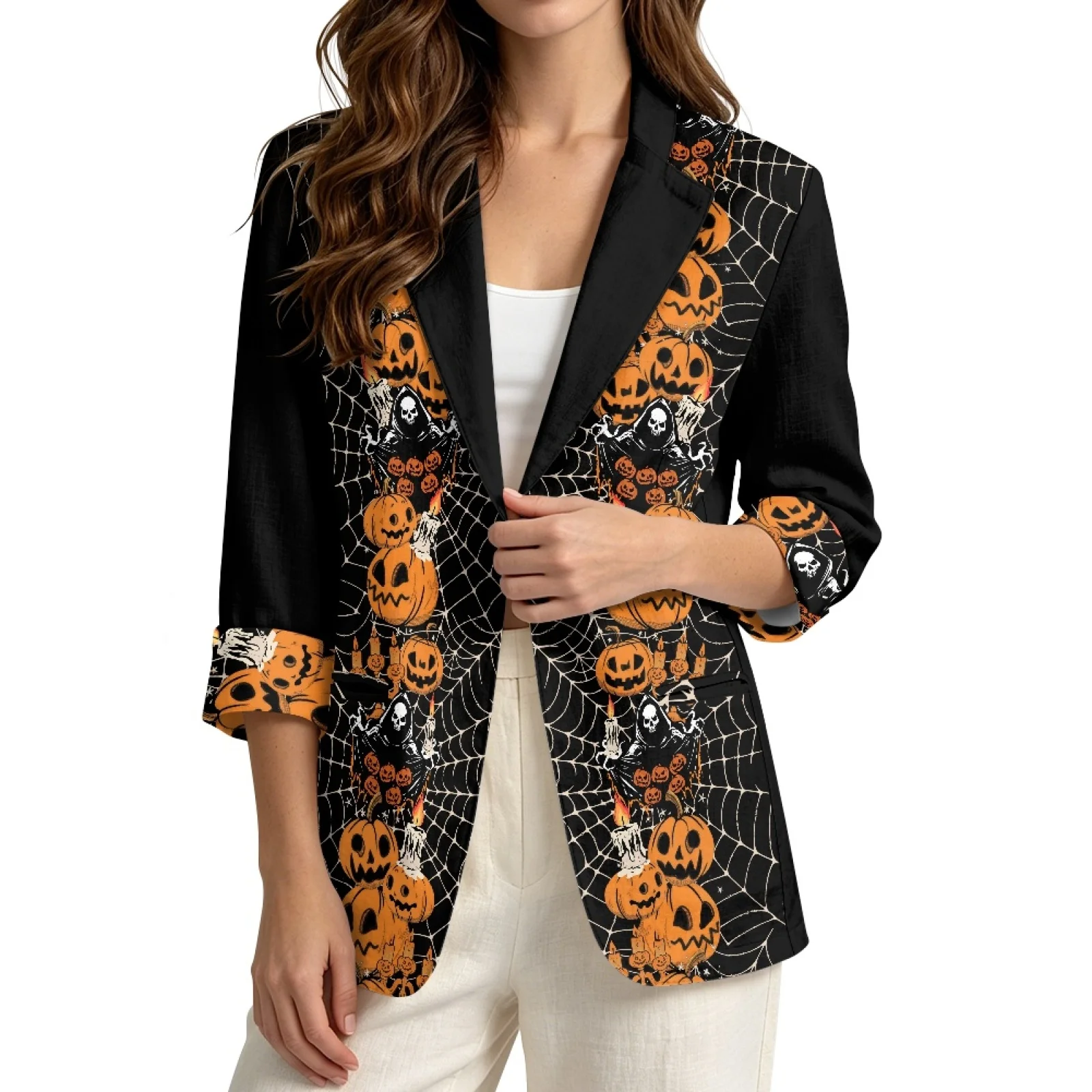 PENSTROLL Halloween Pumpkin Print Linen Style Beach Cover Ups for Vacation Loose Open Front Jacket Open Front Tops