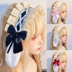 2024 Cute Rabbit Bunny Plush Lop Ears Hairpin Ribbon Bowknot Lolita Cosplay Women Girls Maid Hair Clip Hair Accessories