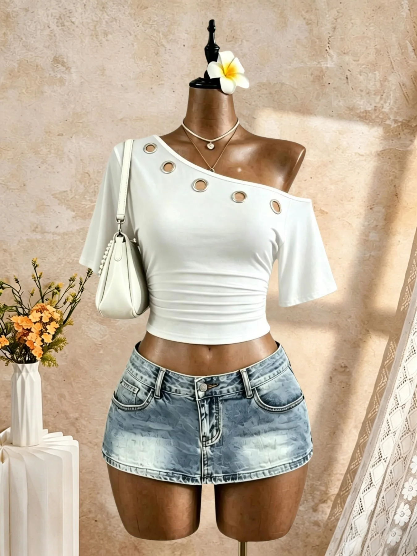 Women One Shoulder Eyelet Metal Ring Cutout Short Sleeve Crop Top Side Ruched Slim Fit Y2K Casual Daily Streetwear Tees Tops