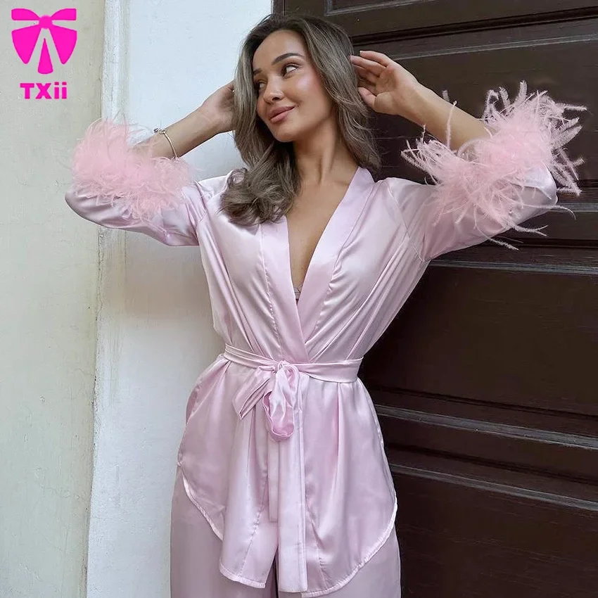 TXii 2024 Autumn pink imitation silk cardigan with lace up feathers women's home clothes long sleeved pants pajama set