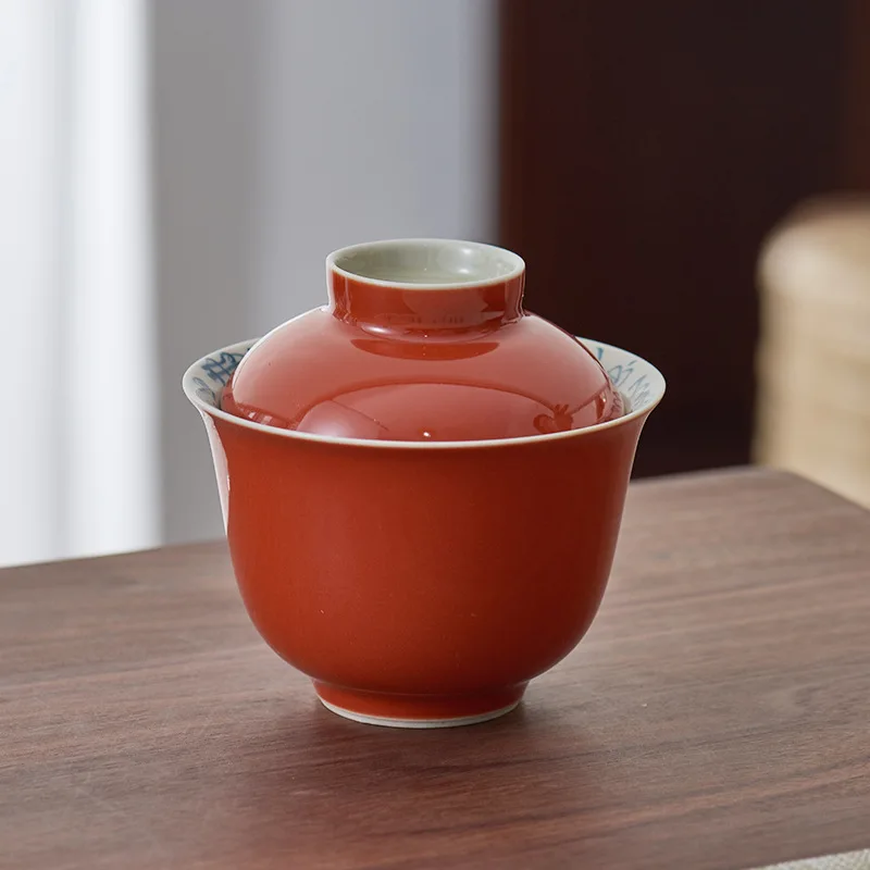 Persimmon Red Hand-Painted Poetry Gaiwan High-End Ceramic Tea Bowl Kung Fu Set Home Retro Brewing Cup