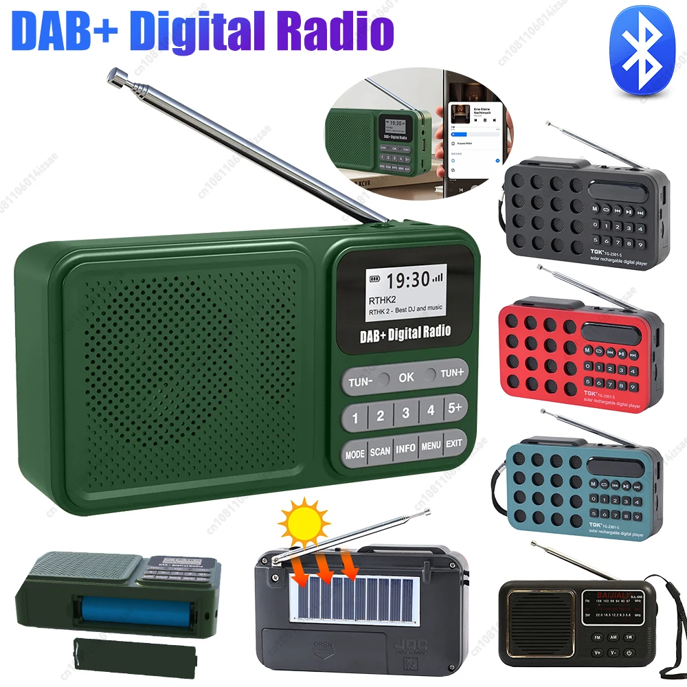 DAB+ FM Radio Bluetooth Solar Powered/Rechargable Emergency Radio Receiver Supports U Disk TF Card MP3 Play LCD Display Radio