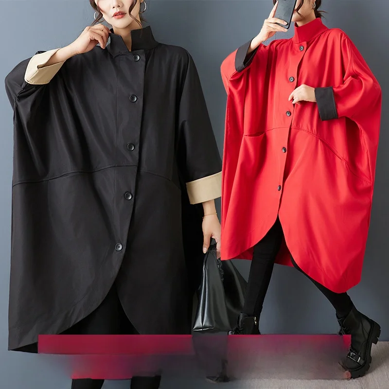 سترة واقية كاجوال كبيرة الحجم بياقة واقفة من Batwing Sve سترة واقية للربيع والخريف ملابس خارجية طويلة غير منتظمة من ألياف البوليستر #1