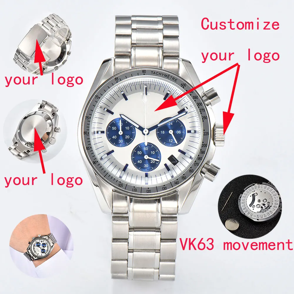 Japanese quartz watch vk63 watch panda dial vk63 movement custom logo case Chronograph electronic multi-function 316 steel case