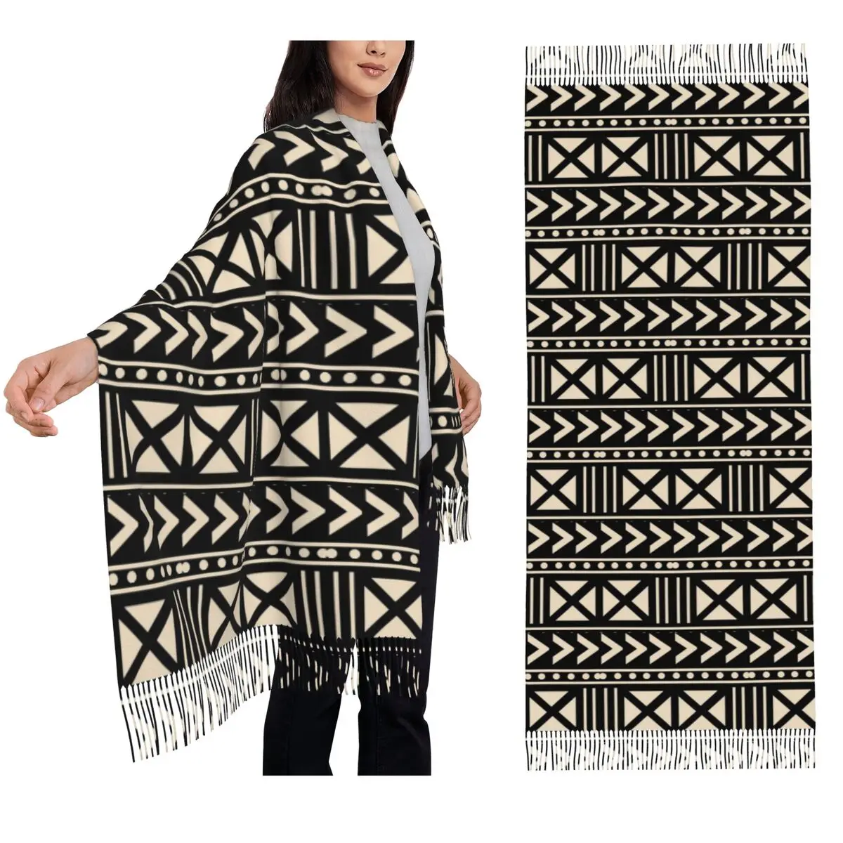 

African Mud Cloth Black And White Trending Scarf Tassel Scarves for Women Shawls and Wraps Large Fall Winter Shawl Wrap