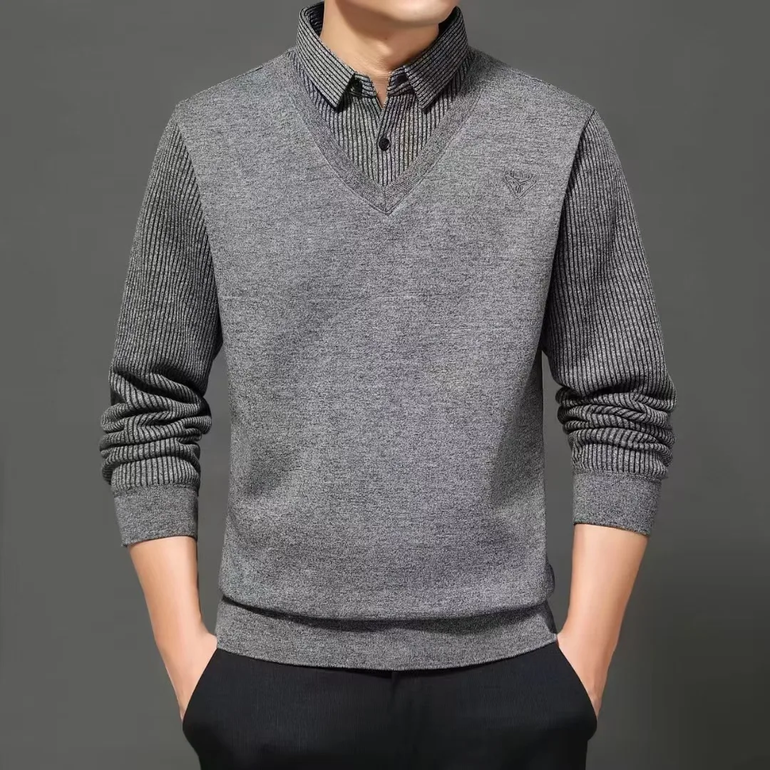 

Plus Velvet Padded Men's Fake Two-piece Sweater Sweater Shirt Collar Warm Men's Bottoming Shirt Wearing Clothing.