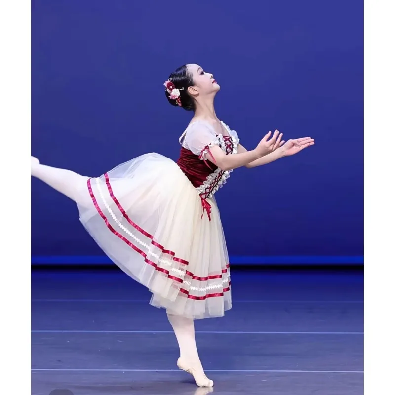 Giselle balletjurk professionele prestatie-outfit voor kinderen, rode lange chiffonjurk, pluizige rok, balletvoorstelling-outfit