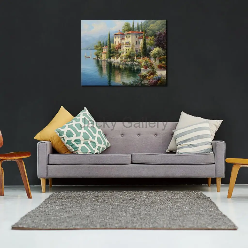 Contemporary Canvas Art Mediterranean Landscape Hand Painted Oil Painting Coastal Village Modern Seascape For Living Room Decor