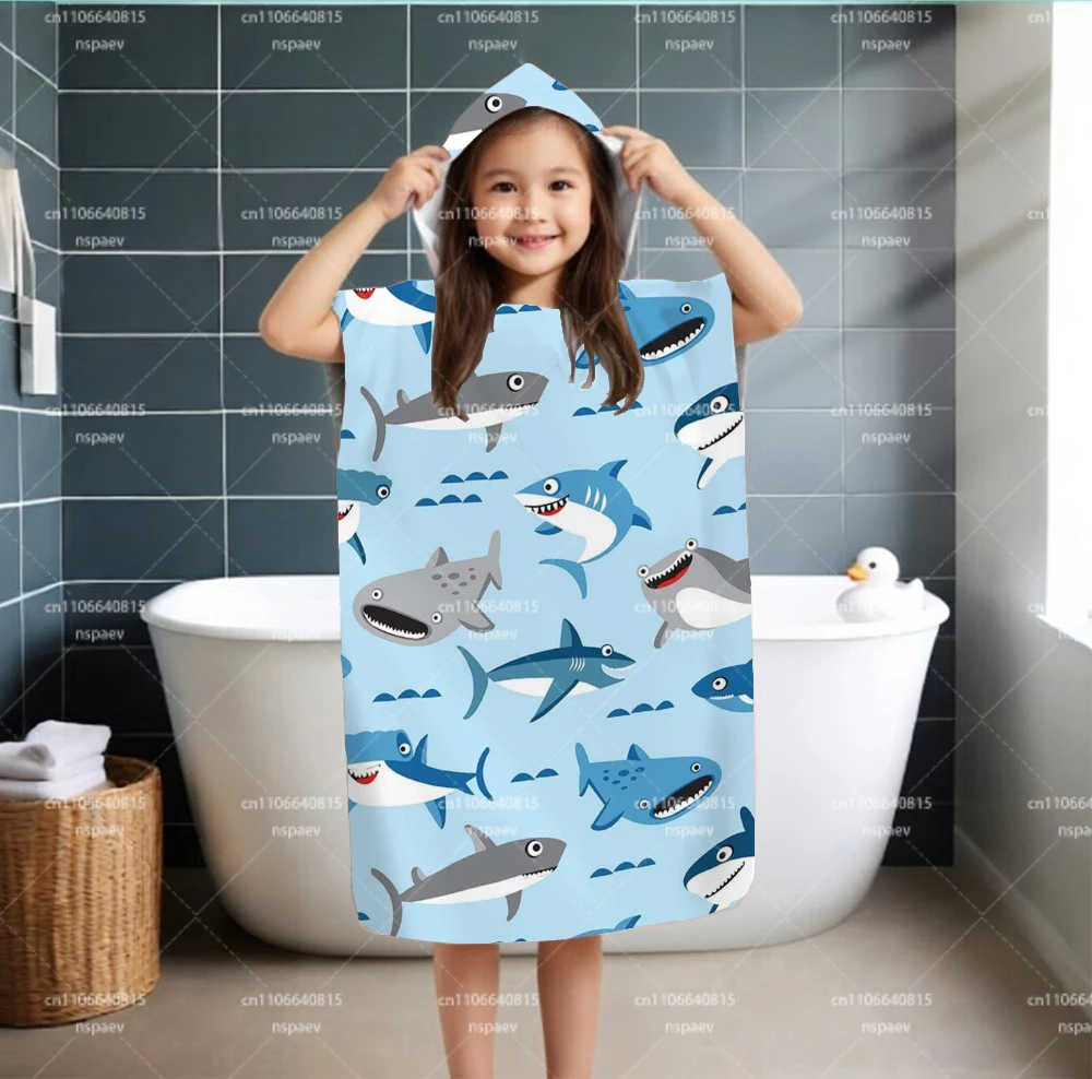 Kids Cartoon Shark Hooded Bathrobe, Quick Dry Microfiber Beach Towel Poncho for Boys Girls