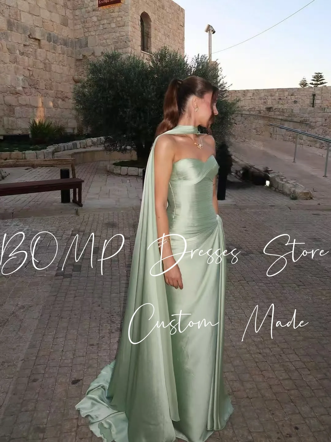 BOMP Elegante abito da sera verde senza spalline con Jaket drappeggiato sirena lunghezza pavimento abito da cerimonia nuziale in raso classico personalizzato