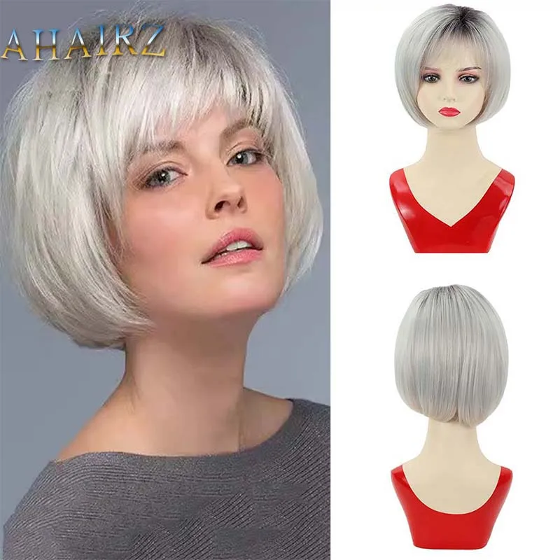 

Short Bob Gray White Wig with Bangs Synthetic Straight Wig for Women Party Daily Heat Resistant Hair