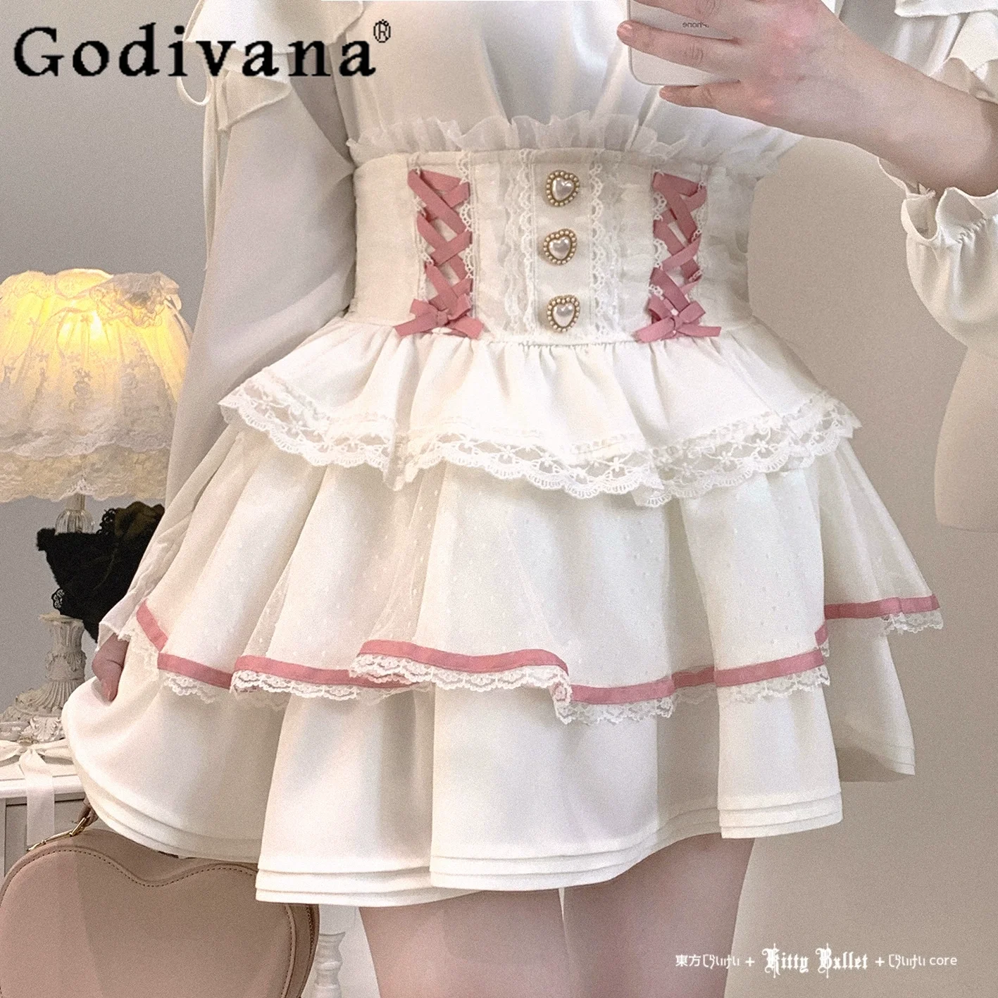 

Original Mine Girls Sweet Cake Skirt Autumn New 2025 Women's High Waist Slim Cute Lace Edge Mini Skirt Y2k Lolita Blouse Shirts