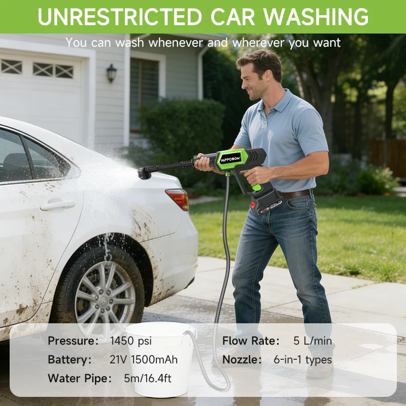 Hippcron 6-in-1 high-pressure car wash water gun 21V household gardening water spray tool 1450PSI Portable Power Cleaning view 4