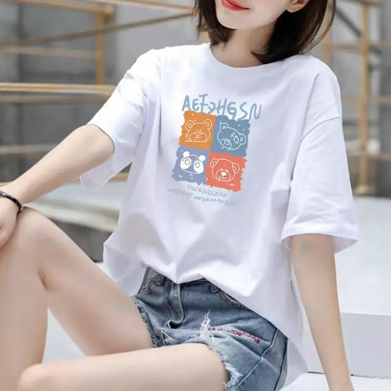 Summer Loose Casual Short Sleeve Female Small All Fashion Round Neck T Design Sense Top Half Sleeve Printed Pure Cotton T-shirt