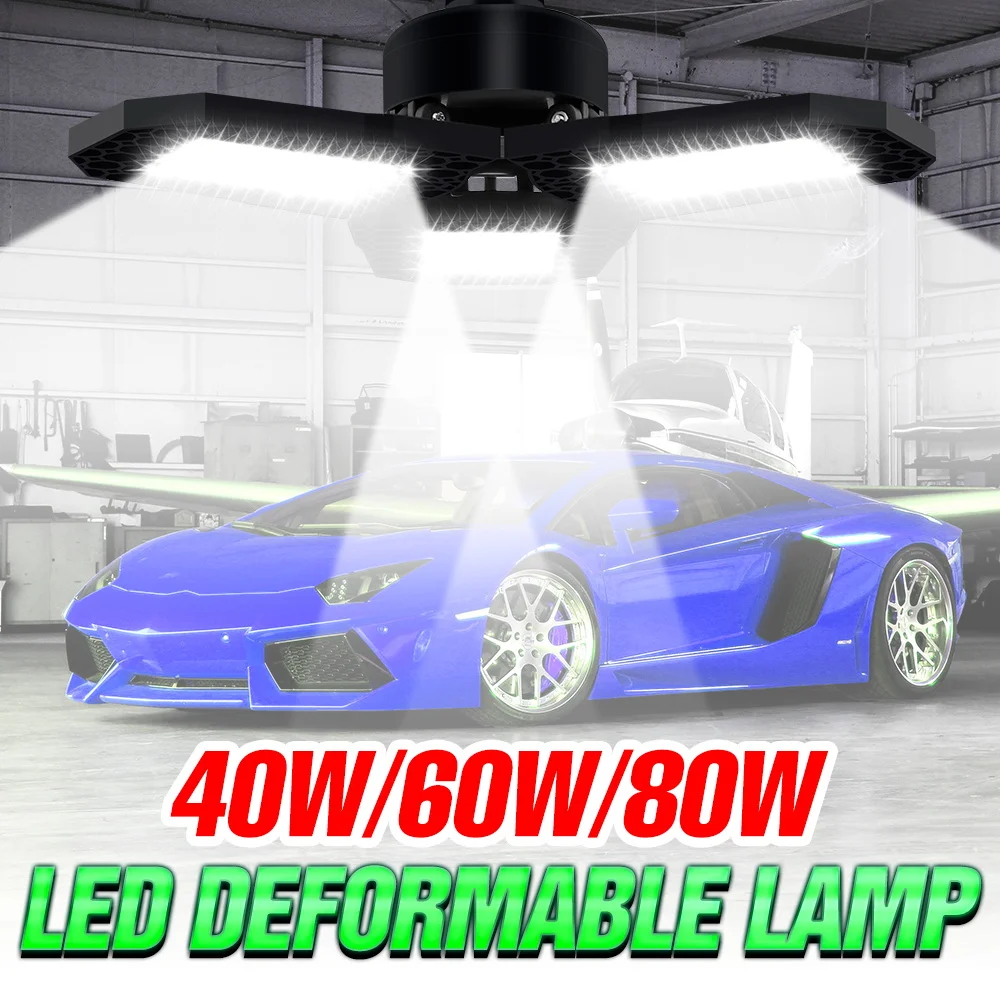 

80W LED Garage Light Bulb E27/E26 Foldable Deformable Ceiling Lamp AC85-265V Spotlights Warehouse Workshop Basement Lighting