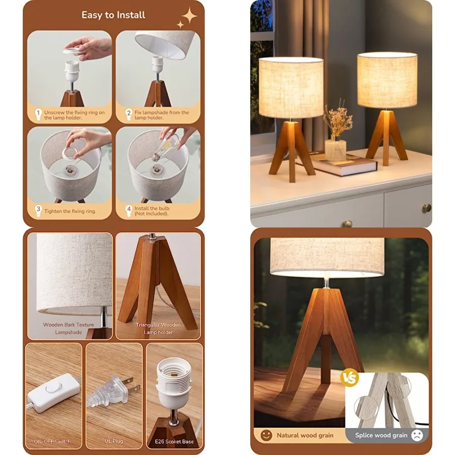 

Small Table Lamp, Wooden Tripod Bedside Lamp with Linen Fabric Lampshade, 14.2" Nightstand Lamp for Bedroom, Living Room, Offic