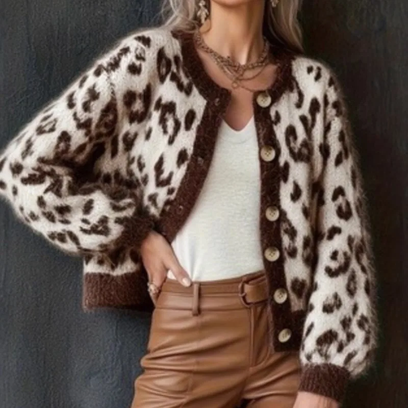 New Fashion Women's Cardigan Leopard Print Comfortable Autumn And Winter Retro Casual Loose Unique Daily Coat Outerwear 2026