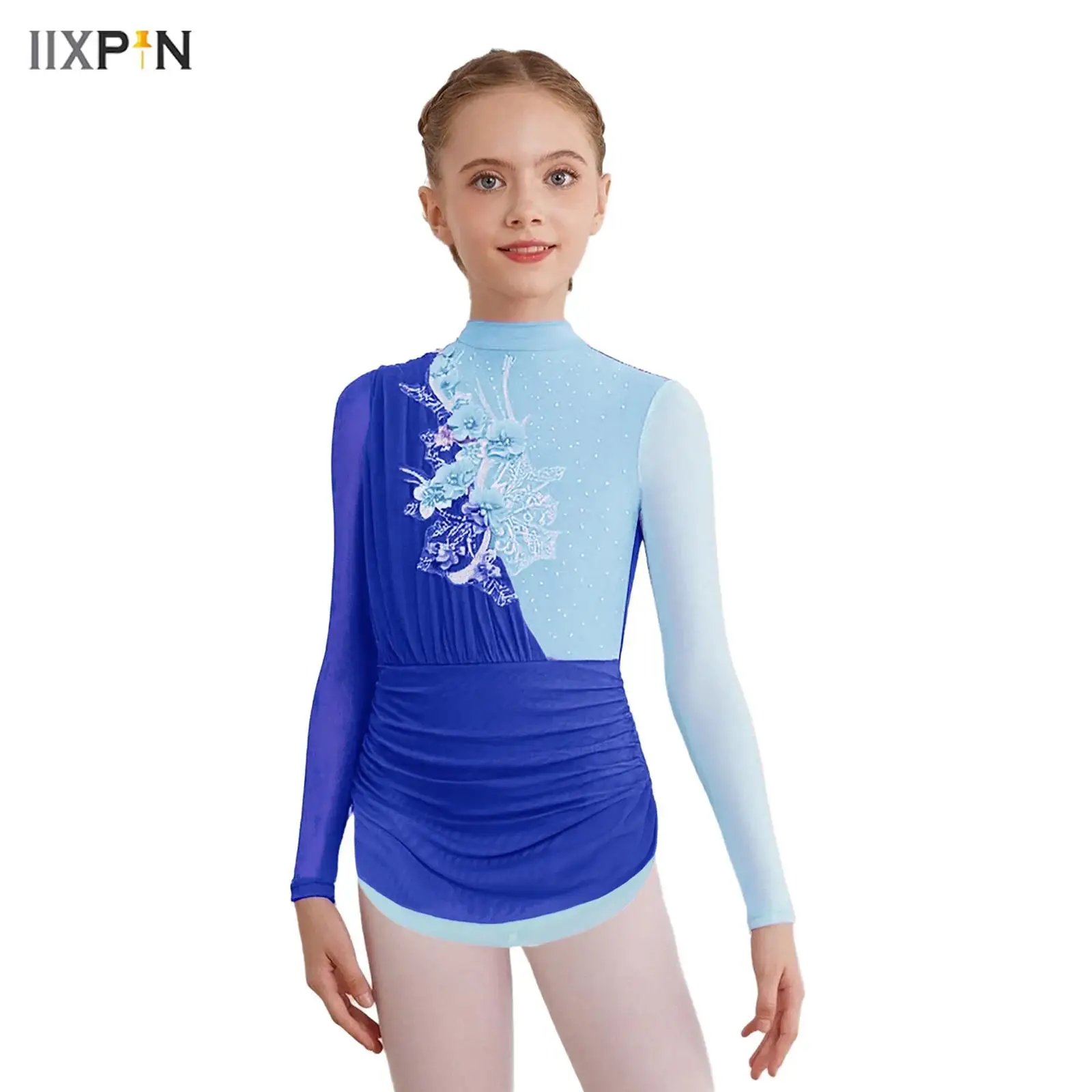 

Kids Girls Figure Skating Lyrical Ballet Dance Bodysuit Applique Shiny Rhinestones Long Sleeves Color Block Ruched Leotard Dress