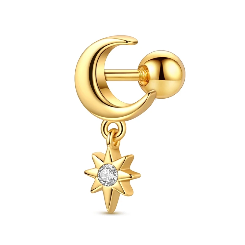 

925 Sterling Silver Golden Star Moon Screw Ball Women Earrings Brilliant Wedding Engagement Star Earrings Jewelry Gift