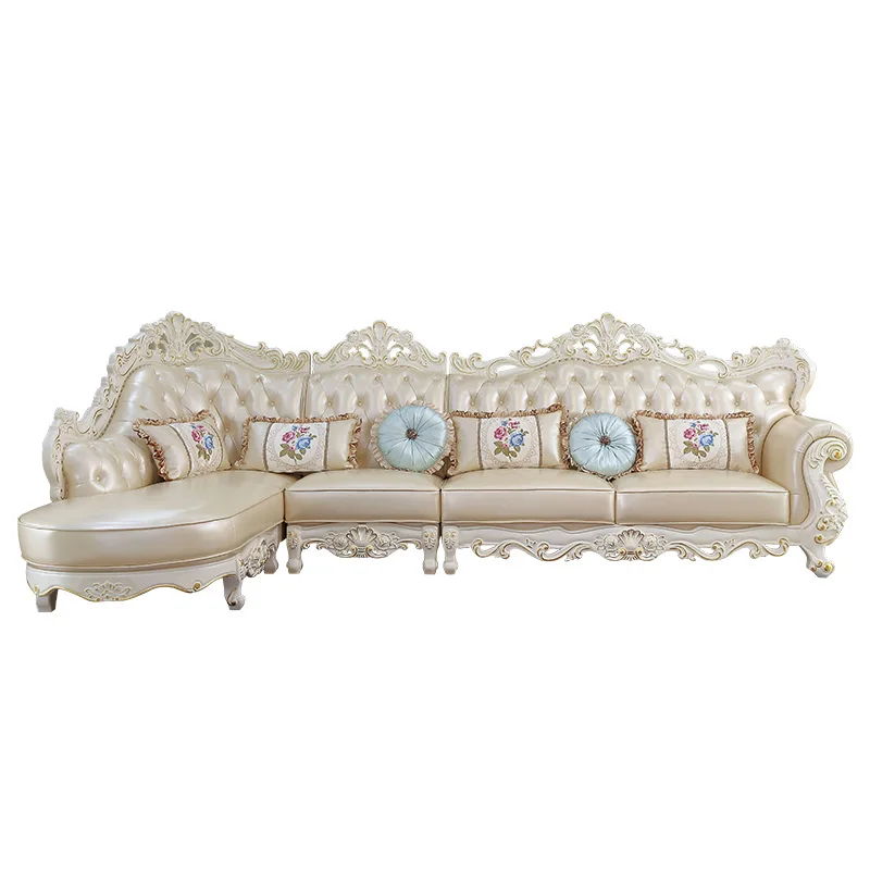 Qianchao-Sofá de canto de couro para sala de estar, chaise de madeira maciça leve luxuosa, primeira camada de couro de vaca, estilo europeu