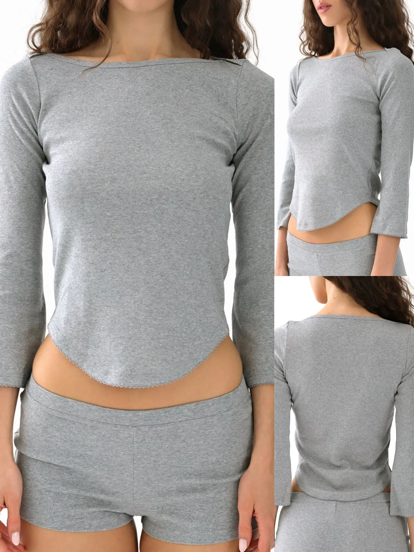 Cou Herbst Dreiviertelärmel Schwarz Rundhals Langarm T-Shirt V-förmiger Saum Design Graues Top Lässige Mode Weißes Top Spitzendesign Rosa Basishemd