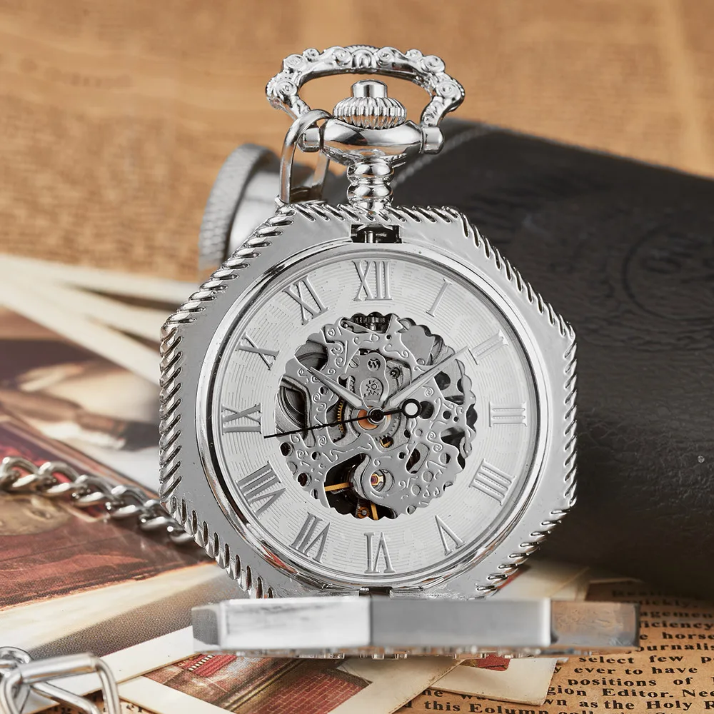Ramadan Classic Hexagonal Mechanical Pocket Watch FOB Chain Steampunk Roman Dial Skeleton Gold Hollow Steel Men's Pocket Watch