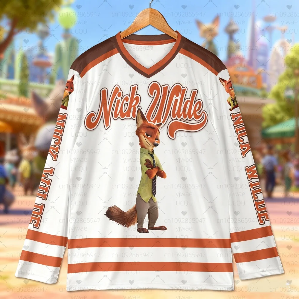 2025 جديد الرجال النساء نيك وايلد جودي فلاش طباعة الهوكي جيرسي Zootopia جيرسي ، الرجال الخامس الرقبة طويلة الأكمام تي شيرت الرجال VintageT-shirt
