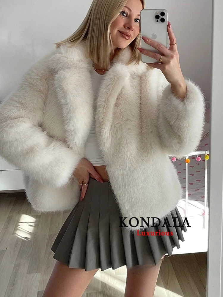 

KONDALA винтажная женская куртка из искусственного меха, однотонное теплое пальто с отложным воротником и длинными рукавами, шикарная белая модная зимне-осенняя верхняя одежда 2025 г.