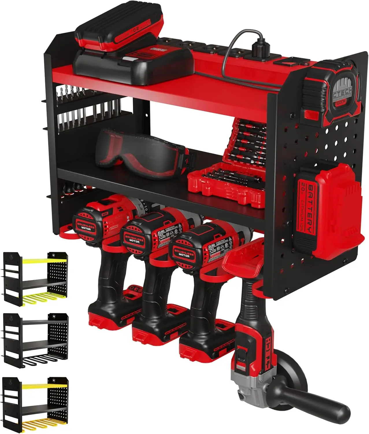 

3-Tier Heavy-Duty Metal Wall Mount Tool Organizer with Drill Holder and Pegboard Side for Garage Storage