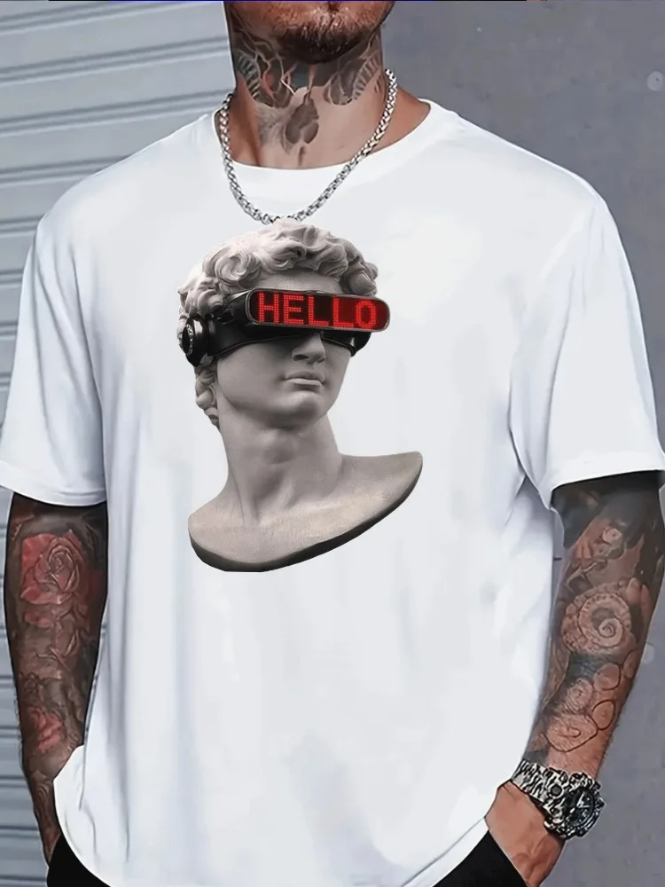 Mens Summer Crew Neck Tee Vintage David Bust Futuristic Vr Glasses Hello Sign Graphic Soft Cotton Short Sleeve Loose Daily Top