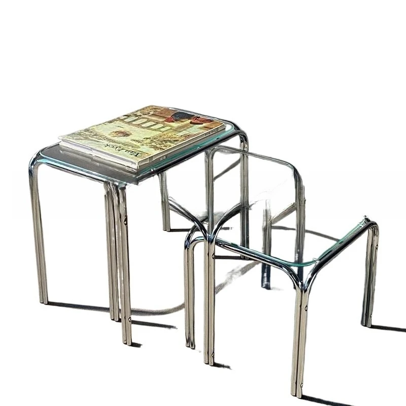 

Minimal stainless steel, coffee table medieval, glass side table, small size combination side table