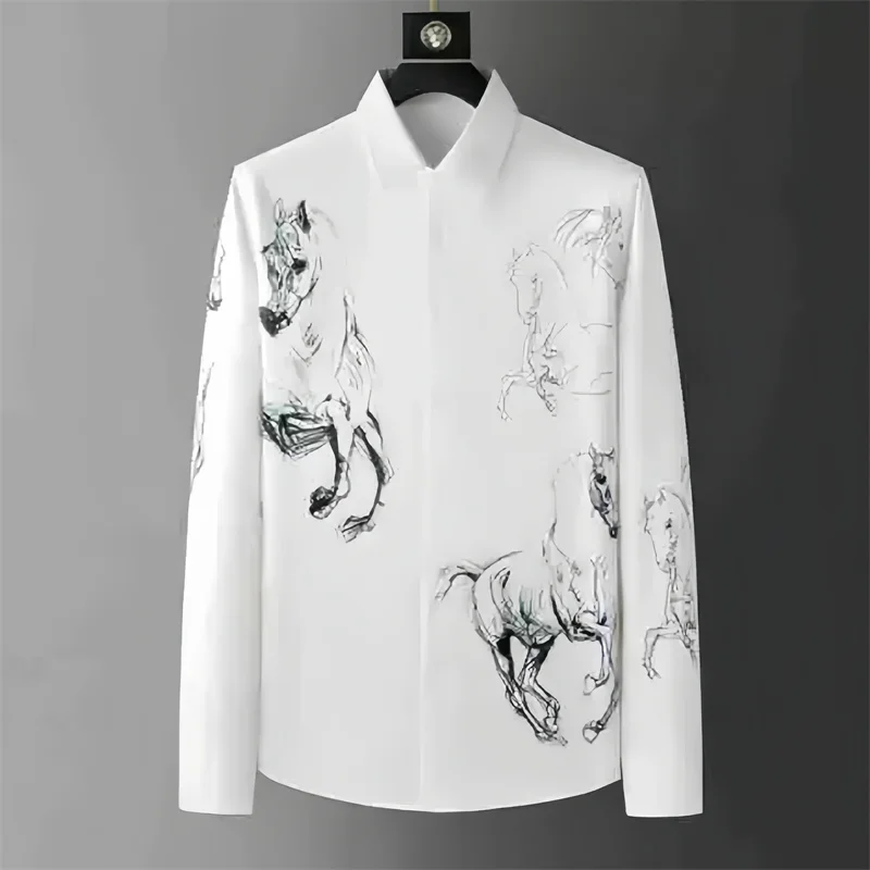 

2026 Spring/Autumn New Men's Shirt 3D Ink Painting Galloping Horse Print Shirt Outdoor Casual Fashion Design Long Sleeve Shirt