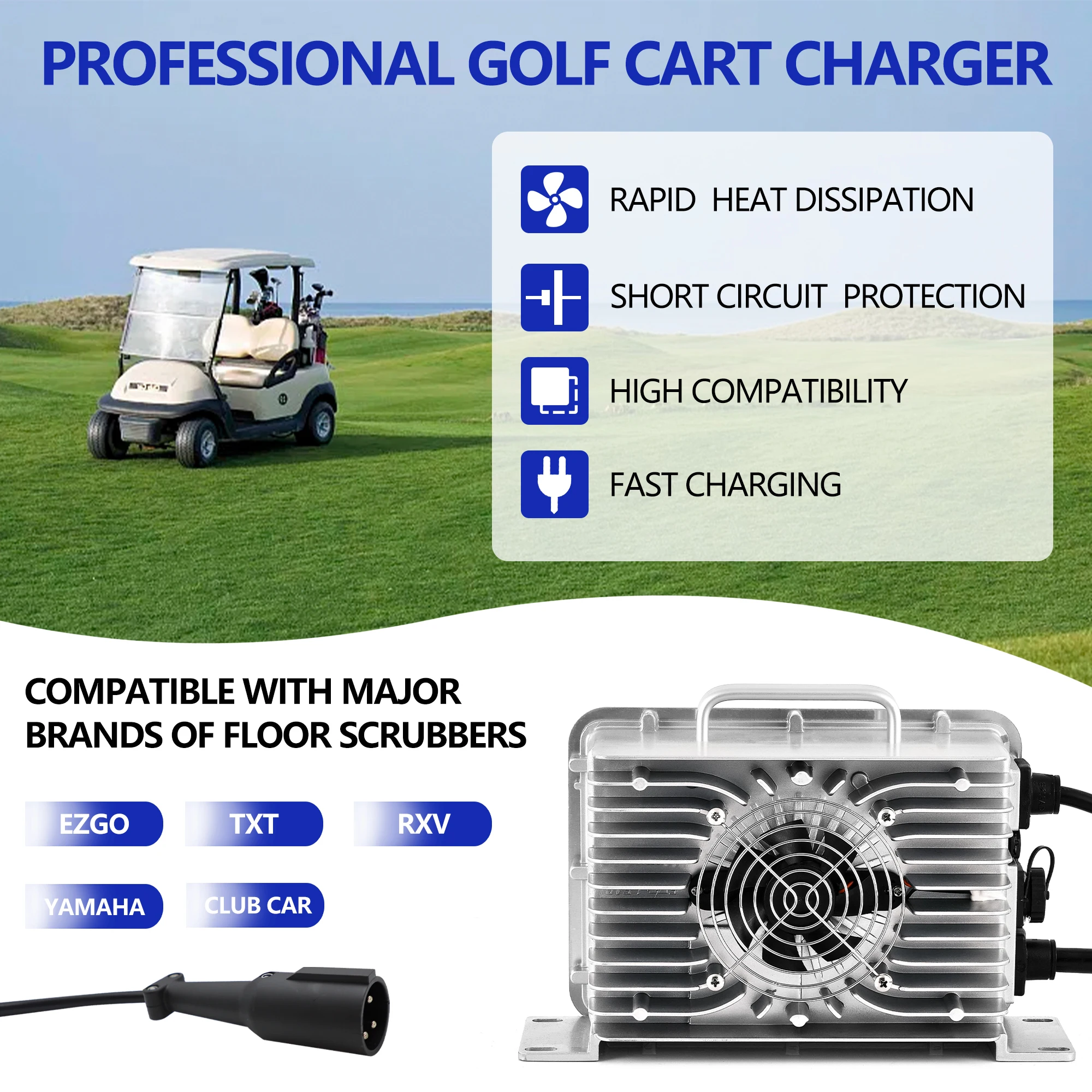 

48 Volt 25 AMP Golf Cart Battery Charger for Club Car Precedent Onward Tempo 1400W Quick Charge with 3-Pin Round Plug