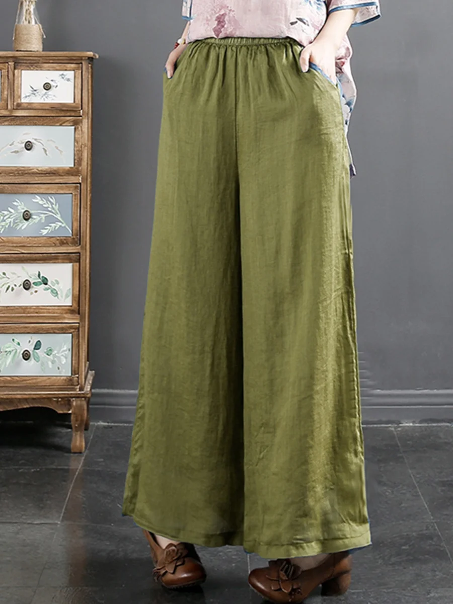예술적인 캐주얼 코튼 린넨 와이드 레그 팬츠, 신축성 있는 허리, 슬림핏 플러스 사이즈 루즈핏 나인 포인트 바지, 단색