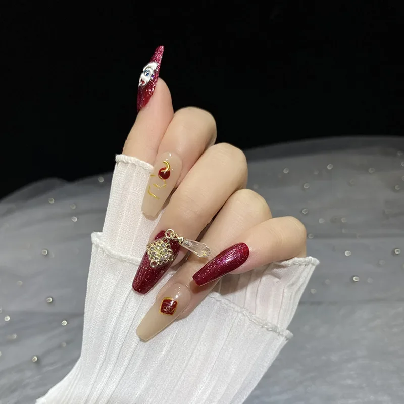 Cat eye Waking lion handmade Wearable Fake Nail Cblessing Word False Nails Festival Red Colour Chinese New Year Nail Decoration